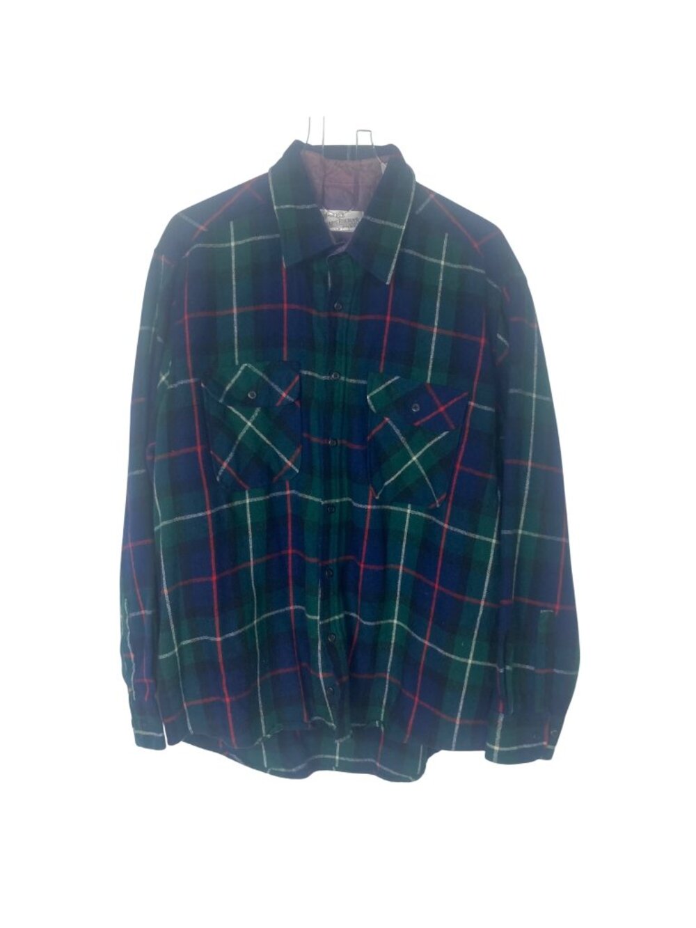 Vintage Sears Roebuck Wool Shirt Mens XL Green Blue Plaid Button Front Shacket